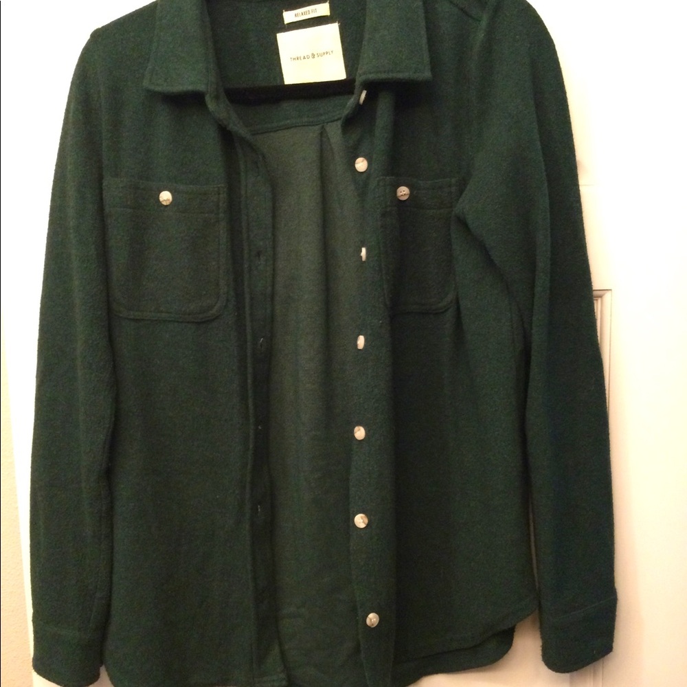 Thread and Supply Evergreen Lewis Shacket button down shirt.